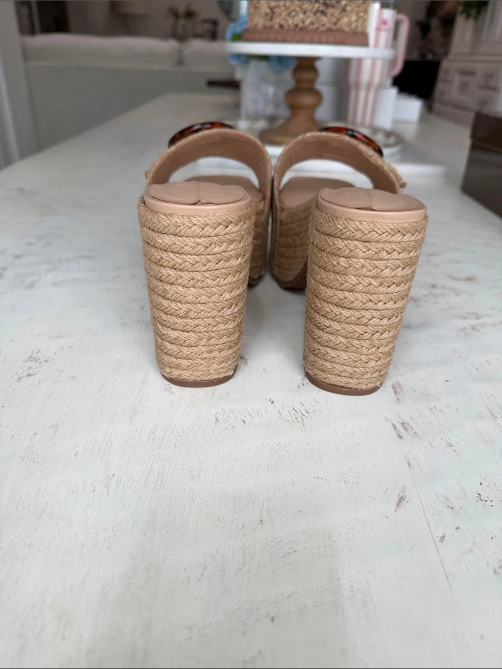 Gianni Bini Beige Woven Platform Sandals with Tortoiseshell Buckles